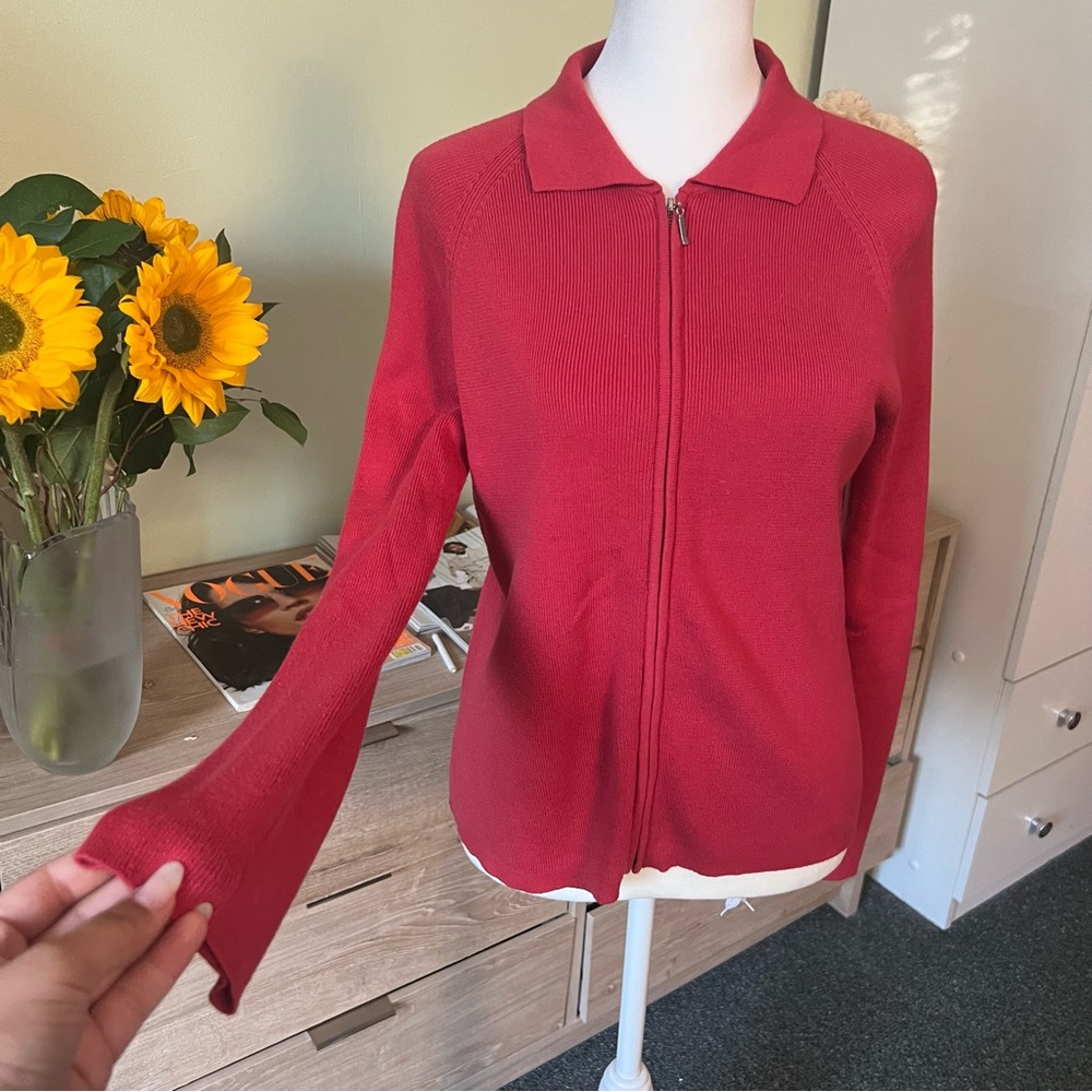 Red Peach Collar Ribbed 100% Cotton Zip-Up Cardigan Slim Fit Knit Stretc Sweater